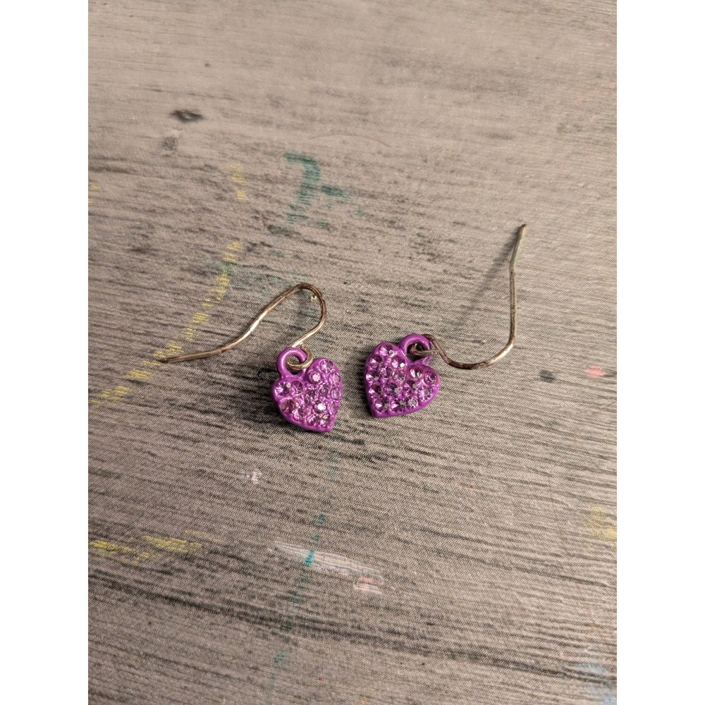 Purple Enamel Heart Dangle Earrings‎ Pave Rhinestone Drop Fishhook Y2K Style